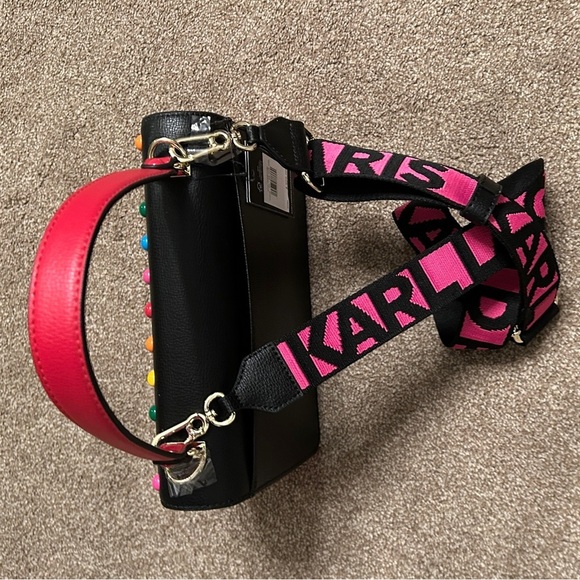 Karl Lagerfeld Black/Pink/Red Dot Simone Front Flap Crossbody Bag, NWT - Picture 5 of 7